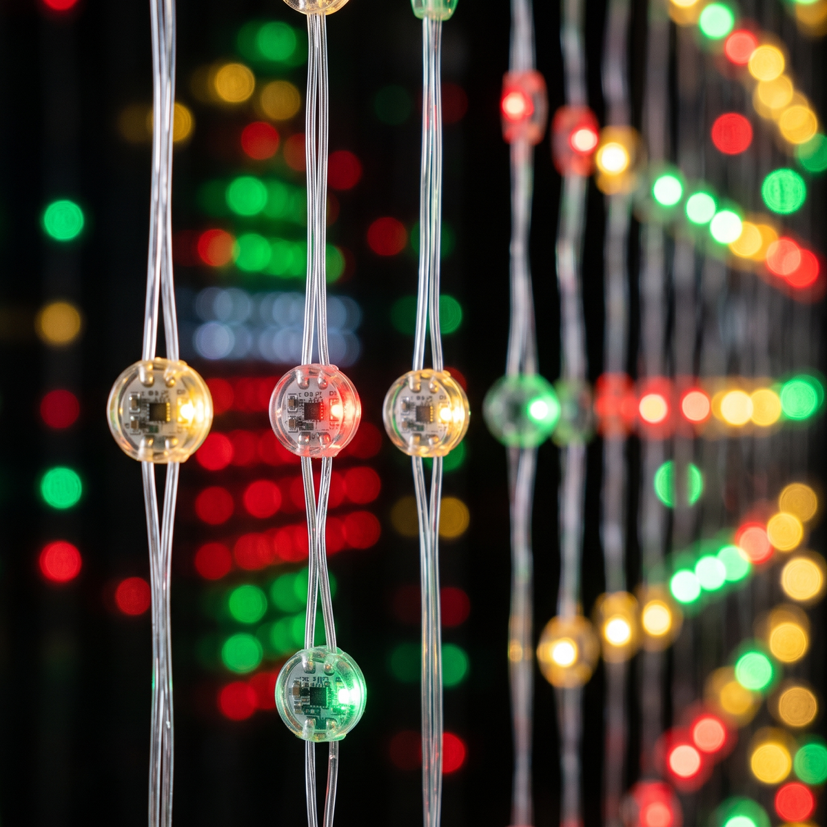 Close-up of LED beads on clear wires