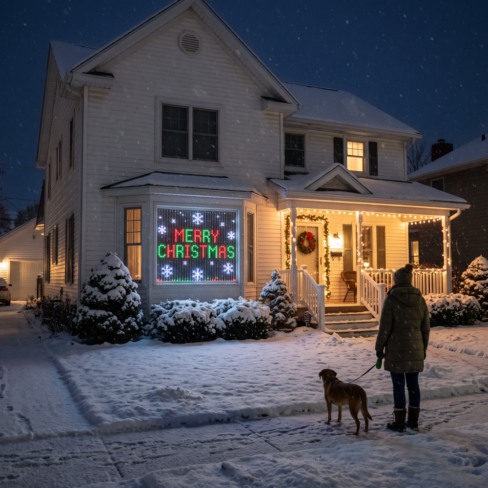 Merry Christmas message on a window curtain