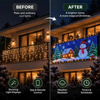 Before and after: plain string lights vs animated LED curtain on a balcony