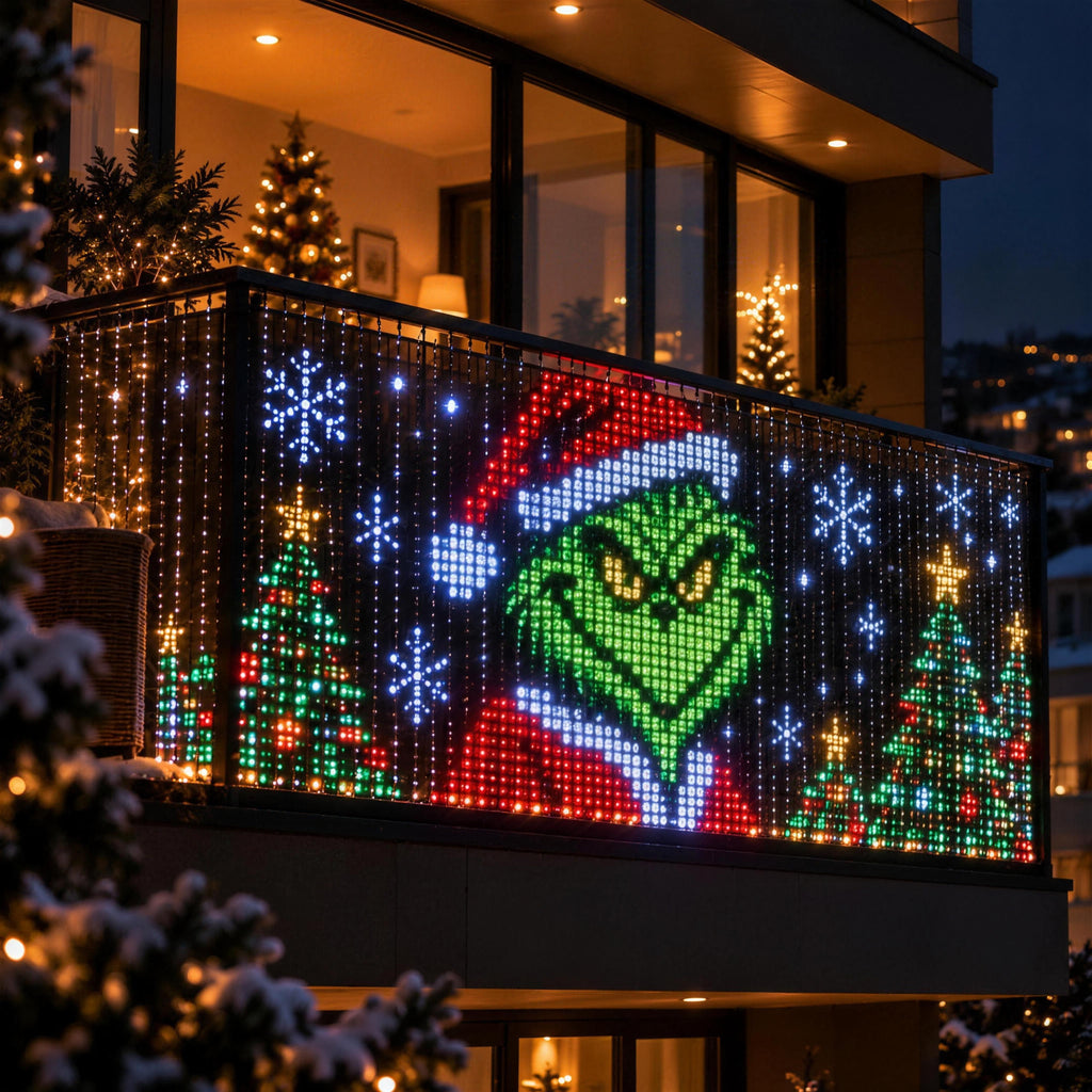 Animated LED curtain on a balcony at night