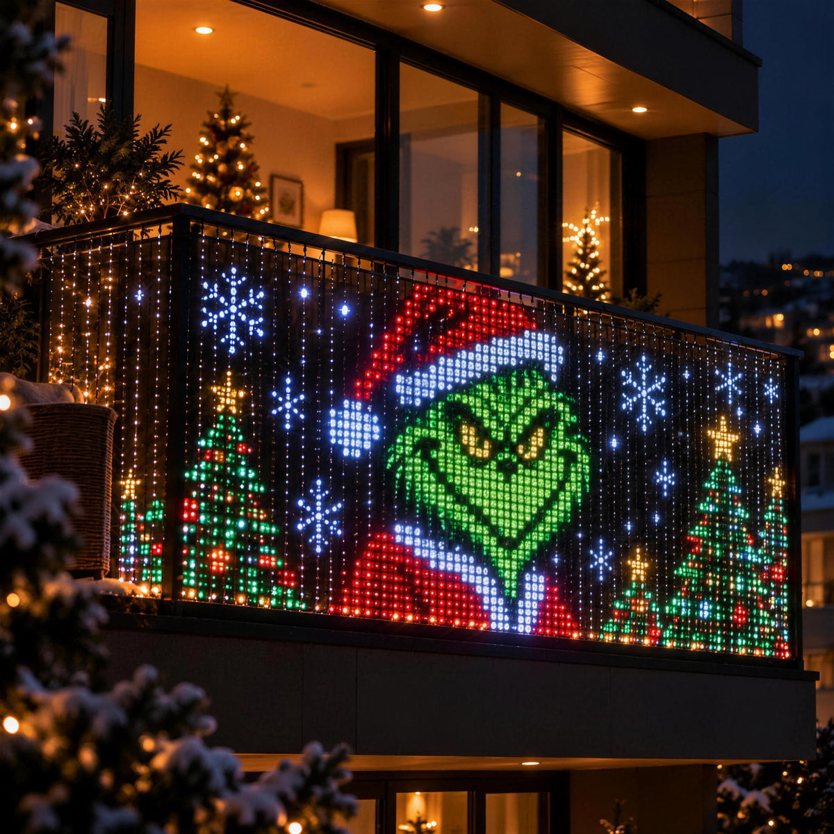 Animated LED curtain on a balcony at night