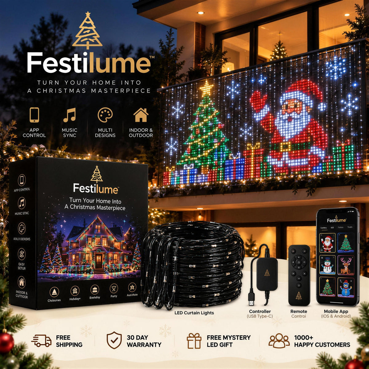 Smart animated Christmas curtain lights with app, remote and controller